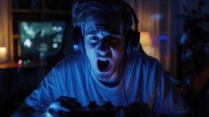 Fototapeta premium A man wearing headphones playing a video game. Suitable for gaming or technology concepts