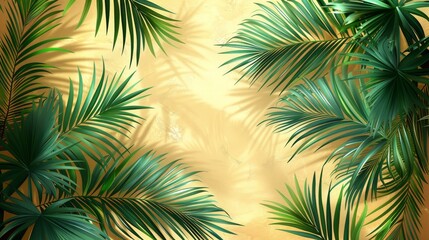 Fototapeta na wymiar An abstract foliage botanical background modern. Beige wallpaper with tropical plants, leaf branches, palm leaves, line art. Foliage design for banners, prints, decor, wall art, wallpaper.