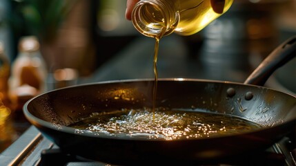 Closeup chef hand cooking and pouring vegetable oil into frying pan in kitchen. Generated AI image