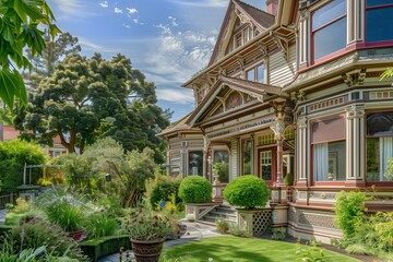 Elegant Victorian Home Facade with Intricate Trim and Lush Garden