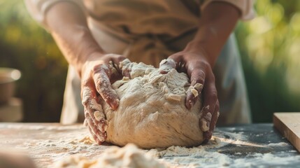 Closeup chef hand kneading and making traditional bread dough pastry. Generated AI image