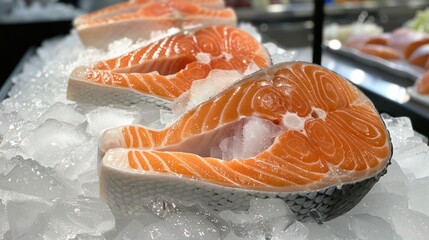 Closeup fresh raw salmon fish fillet for steak on ice on the counter. Generated AI image