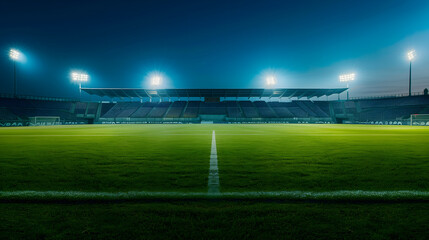 an empty soccer stadium at night, with a grass field and lighting from the floodlights