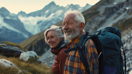 Portrait of a retired couple hiking in the Alps. Adventures in retirement.