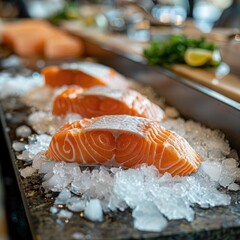 Closeup fresh raw salmon fish fillet for steak on ice on the counter. Generated AI image