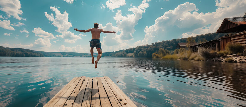 Young man jumping into the lake from the jetty. Activity on summer holidays - Powered by Adobe