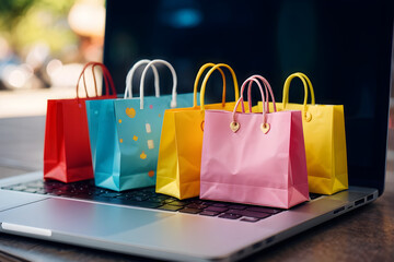 Colorful Shopping bags on laptop computer keyboard Online sale ecommerce business concept