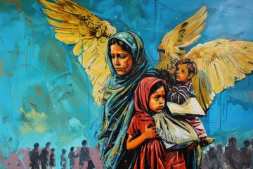 A touching painting of a woman holding a child with an angel by their side. Suitable for family, love, and protection concepts