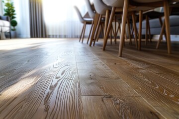 A simple wooden floor with chairs and a table in the background. Suitable for interior design concepts