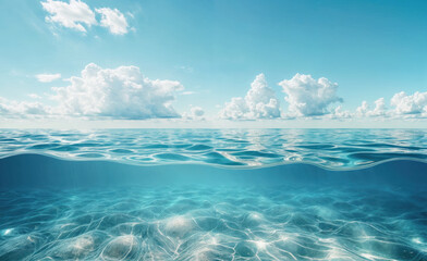 Beautiful seascape with blue sky and clouds reflected in water. View ocean dawn, warm sunlight horizon. Calm sea majestic, natural paradise. Beauty nature scenery.