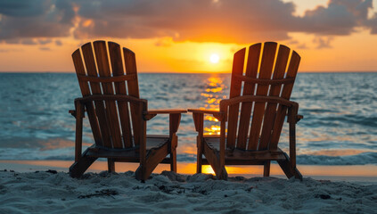 Two wooden chairs beach sunset. Vacation concept. Romantic couple paradise relaxation. Beautiful seascape ocean and sky. Summer travel tropical coast. Happiness in nature landscape.