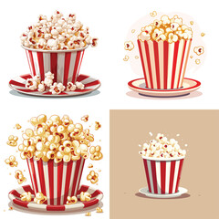 Food illustration vector art for menus and party decorations, Four styles of popcorn buckets with vibrant color and popping kernels.