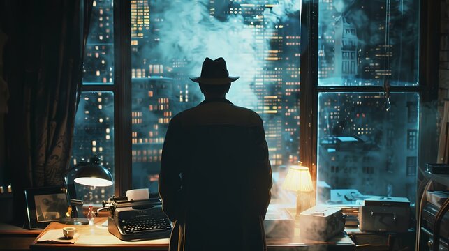 1940s Film Noir Detective Office with Cityscape View at Night