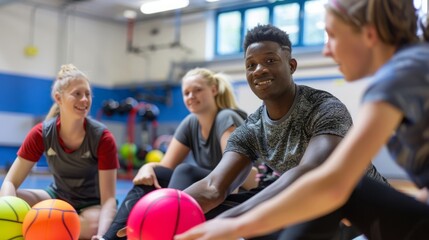 A group of energetic young individuals engaging in various ball games and activities inside a brightly lit gymnasium.