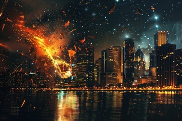 Fototapeta premium Burning comets and meteors streak across the sky, hurtling towards Earth with fiery intensity, illuminating the darkness of space