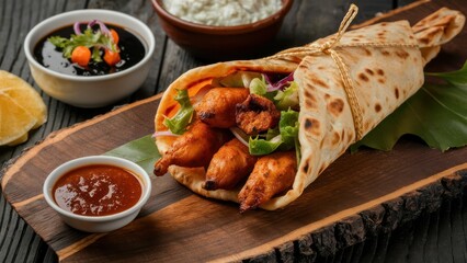 a traditional chicken wrap, consisting of kebab, paratha, and tikka, elegantly served on a wooden plank alongside chutney and salad