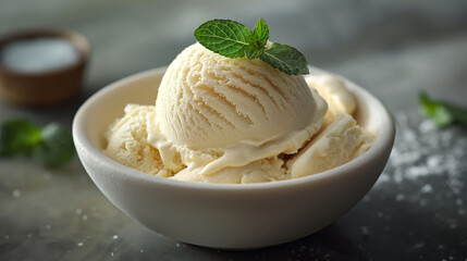 Classic Vanilla Ice Cream Scoops Topped With A Sprig Of Fresh Mint