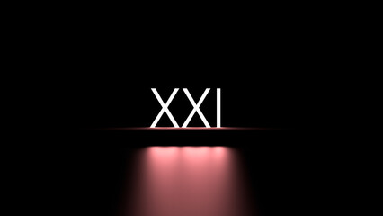 21, XXI century in luminous Roman numerals. XXI number,wallpaper,banner.3D render