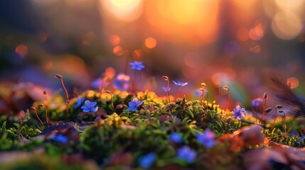 Moss on the ground, small flowers, miniature photography, landscape, spring, beautiful composition