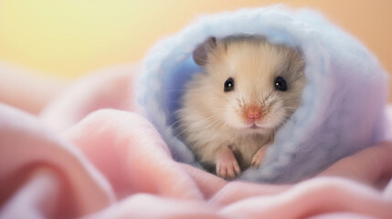 illustration of a cute hamster in a soft purple blanket