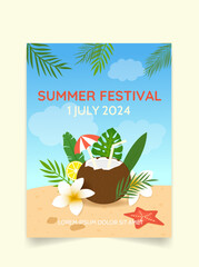 summer festival invitation poster, poster with cocktail and tropical leaves