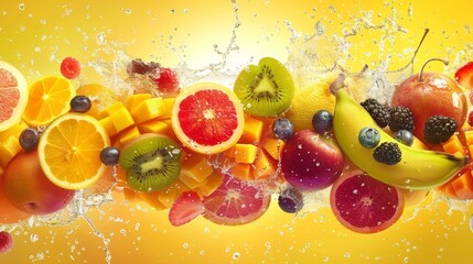 Colorful Fruit Splash on Bright Background Ideal for Food Branding,Advertising,and Product Packaging Design