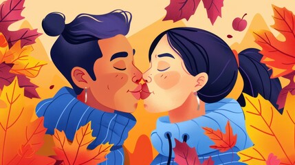 Two women are about to kiss. Dressed in blue sweaters and closing their eyes in anticipation. The background is a warm orange with red and orange leaves around the edges of the image. Valentine's Day.