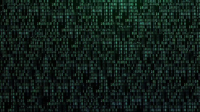Abstract binary code background. Cyber reality, big data and artificial intelligence pattern. Numbers 0 1 displayed on computer screen. 4K video animation 3d rendering.
