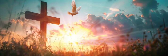 The cross and dove flying in the sky at sunset scene conveys spiritual unity and Christian...