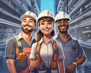 Mujer y hombres felices, trabajadores de la construcción. Respeto por la diversidad y la igualdad de género en las profesiones. IA generativa