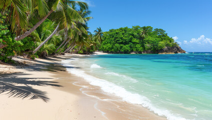 Tropical beach with palm trees seychelles. Tranquil paradise destination. Exotic seascape view turquoise indian ocean, white sand, and coconut. Relaxation sun. Idyllic vacation with scenic aerial.