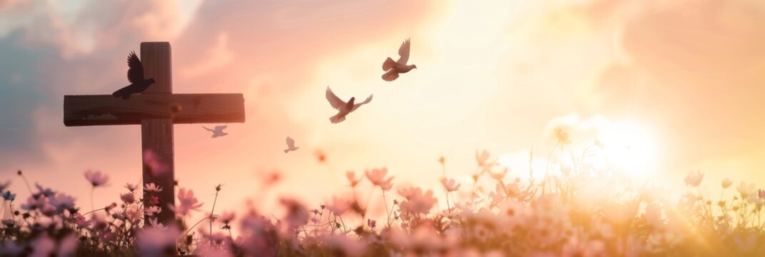 Silhouette of a cross and dove flying in the sky at sunset, with space for copy text Christian concept banner background Generative AI