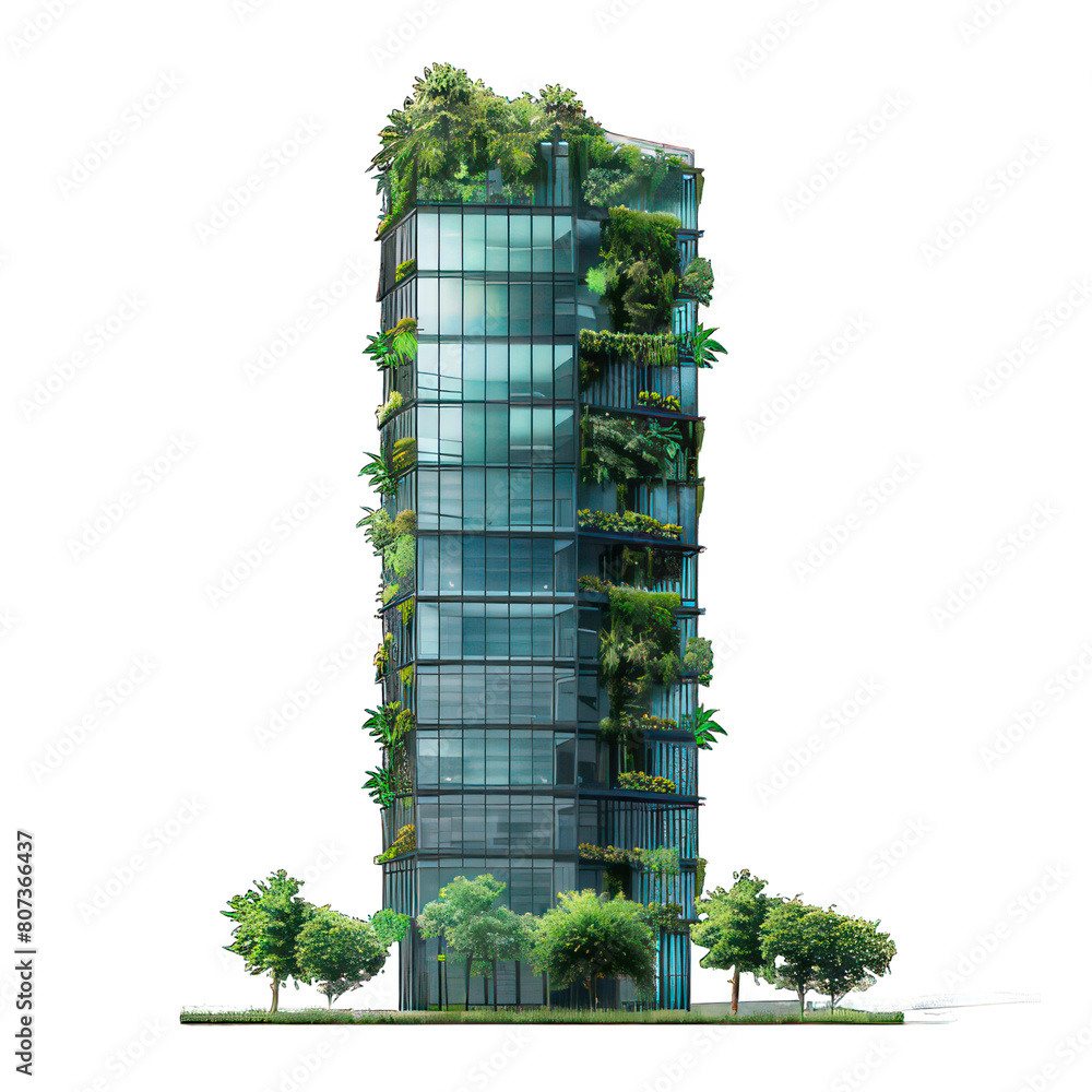 Poster modern skyscraper with plants isolated on white created with generative ai