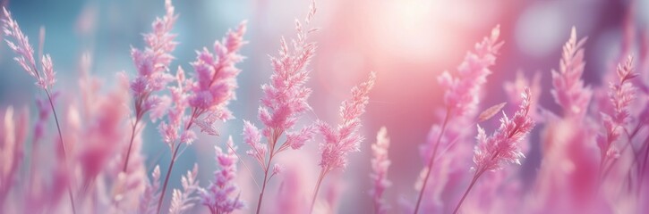 Fototapeta premium Beautiful pink pastel background with reeds grass, blurred effect. Spring summer romantic, gentle nature.