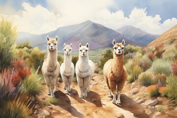 Obraz premium Watercolor illustration of four cute lamas