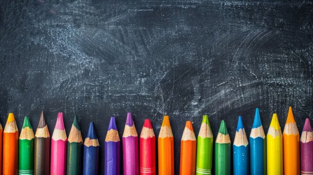 vibrant crayons on chalkboard create a back-to-school theme with space for text