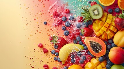 Vibrant Tropical Fruit Medley Splash on Multicolored Background with Copy Space for Healthy Nutrition or Recipe Concept