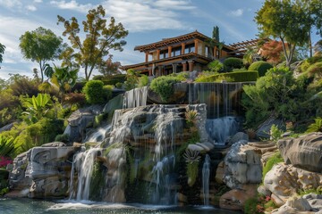 Luxurious estate perched atop a hill, with a private waterfall creating a backdrop of natural beauty