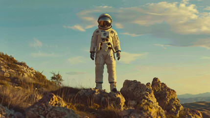 Astronaut in Space Suit Standing on Top of Hill
