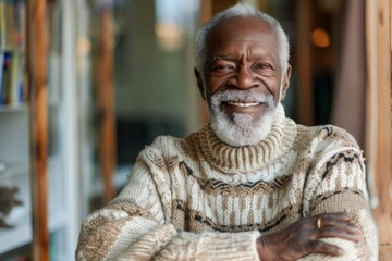 Fototapeta premium Smiling senior black man posing inside a room looking at the camera 