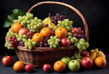  A wicker basket filled with an assortment of fresh fruits , including grapes, apples, oranges , against a dark background