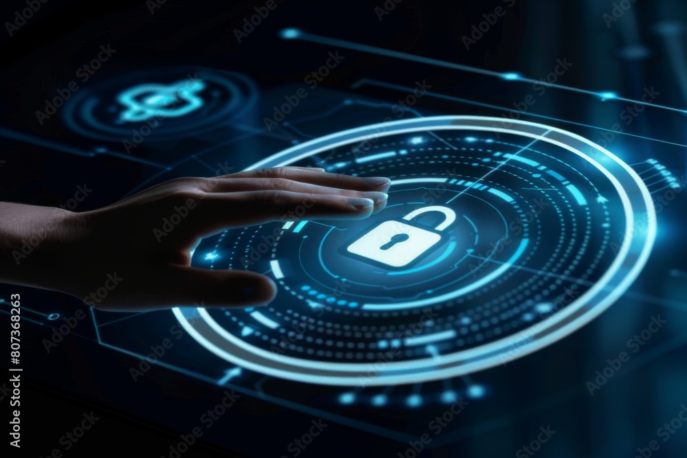 Poster security of laptops through phishing protection; banner displays integrate lock security for secure 