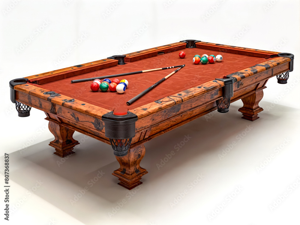 Poster a pool table with a red cloth and a bunch of balls on it