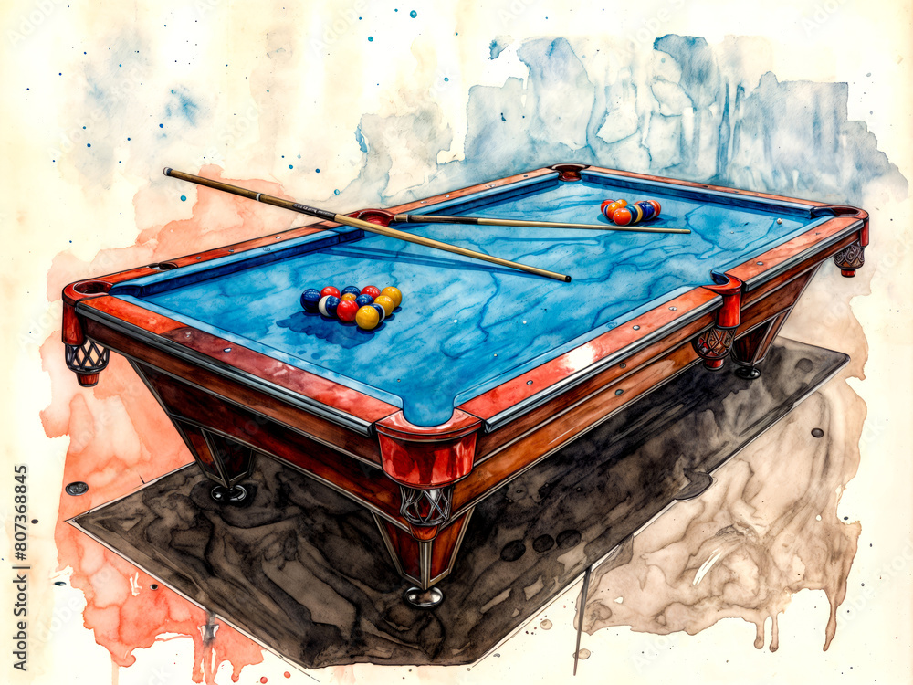 Poster a pool table with two pool sticks and two balls on it
