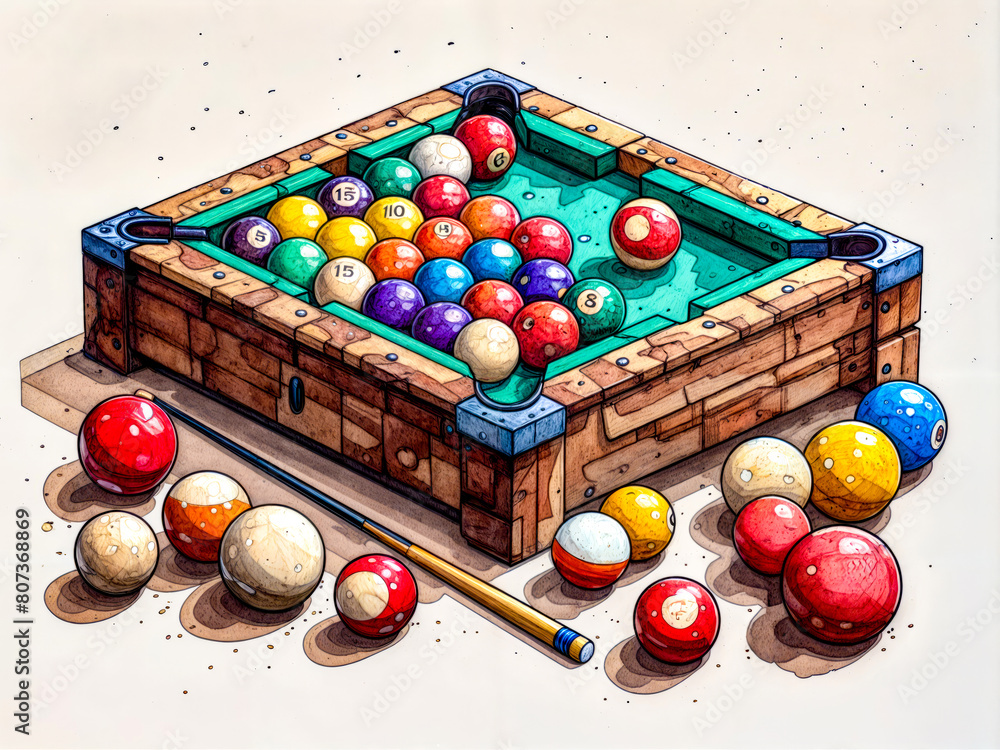 Poster a pool table with a bunch of balls and a pool stick