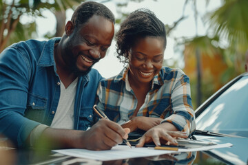 African American couple joyfully signing documents on the hood of a car, possibly purchasing a new vehicle. - Powered by Adobe