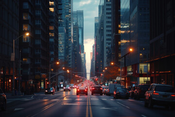 Dusk falls over a bustling city street with cars and skyscrapers bathed in the glow of sunset lights. - Powered by Adobe