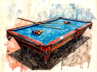 A pool table with two pool sticks and two balls on it
