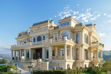 Fototapeta premium Luxurious mansion on a hill, combining classic and contemporary design elements.