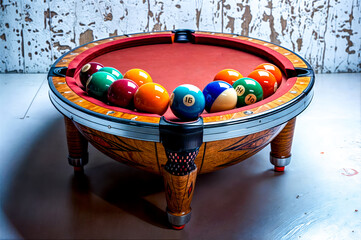 A pool table with a red cloth and a bunch of balls on it